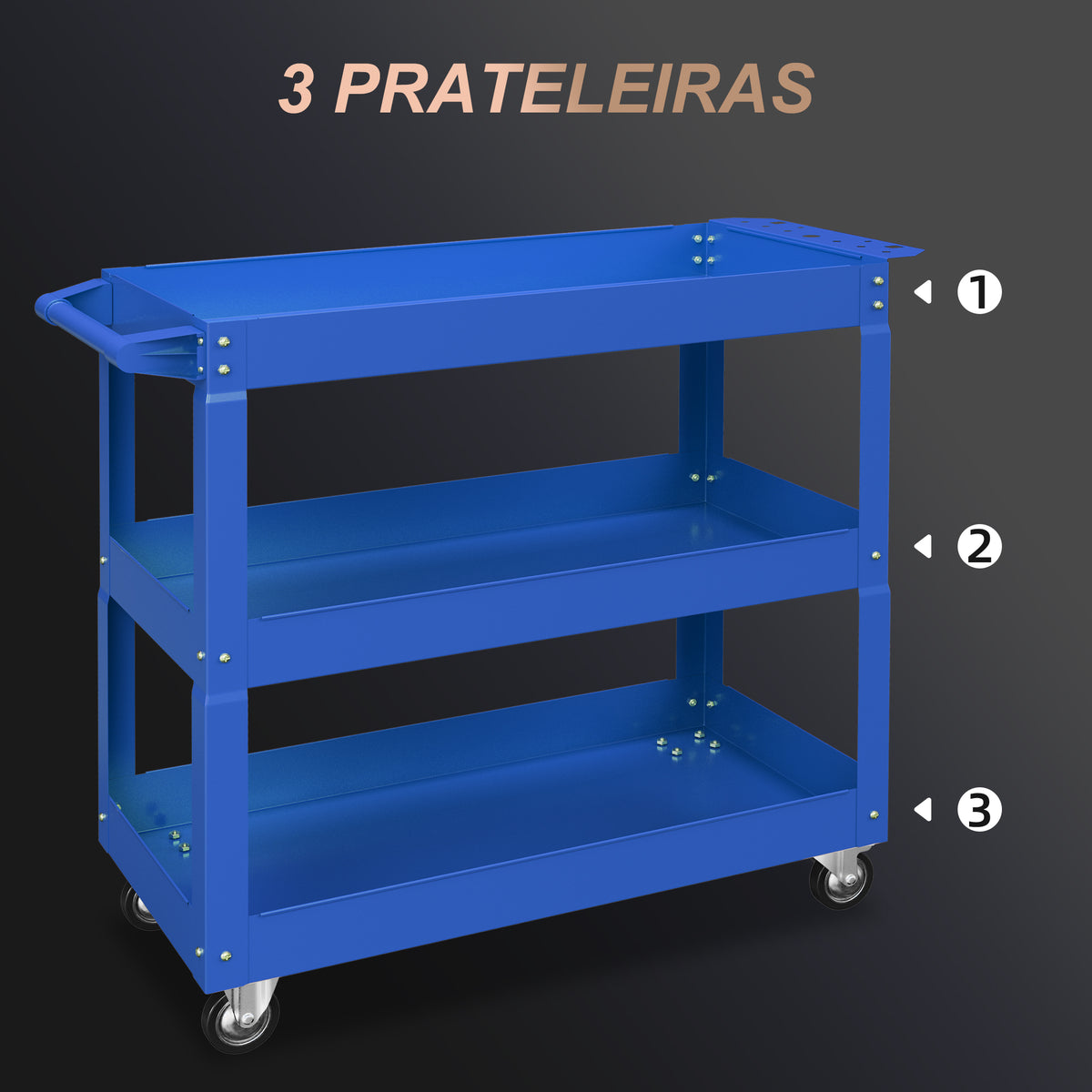 Carrinho de Ferramentas com Rodas Carro de Ferramentas de Oficina de Aço com 3 Prateleiras de Armazenamento e Alça Lateral para Garagem Oficina Carga Máxima 150kg 83x35,3x76 cm Azul — foto 4