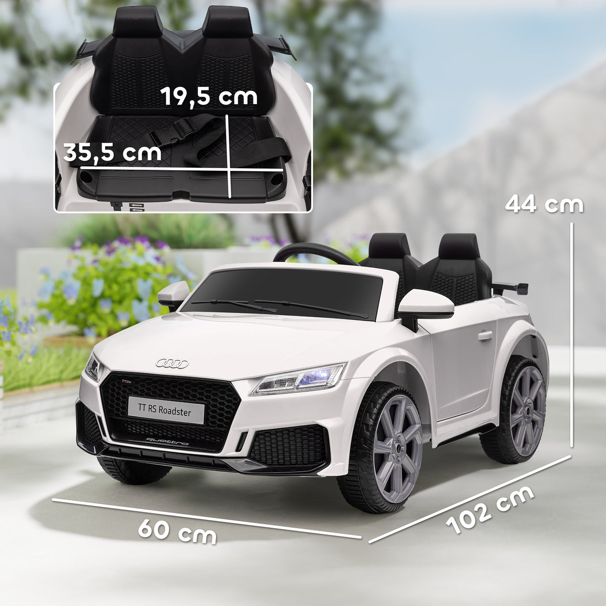 Carro Elétrico Audi TT para Crianças acima de 3 Anos com Controlo Remoto Música e Luzes Bateria 12V Abertura da Porta 102x60x44 cm Branco — foto 3