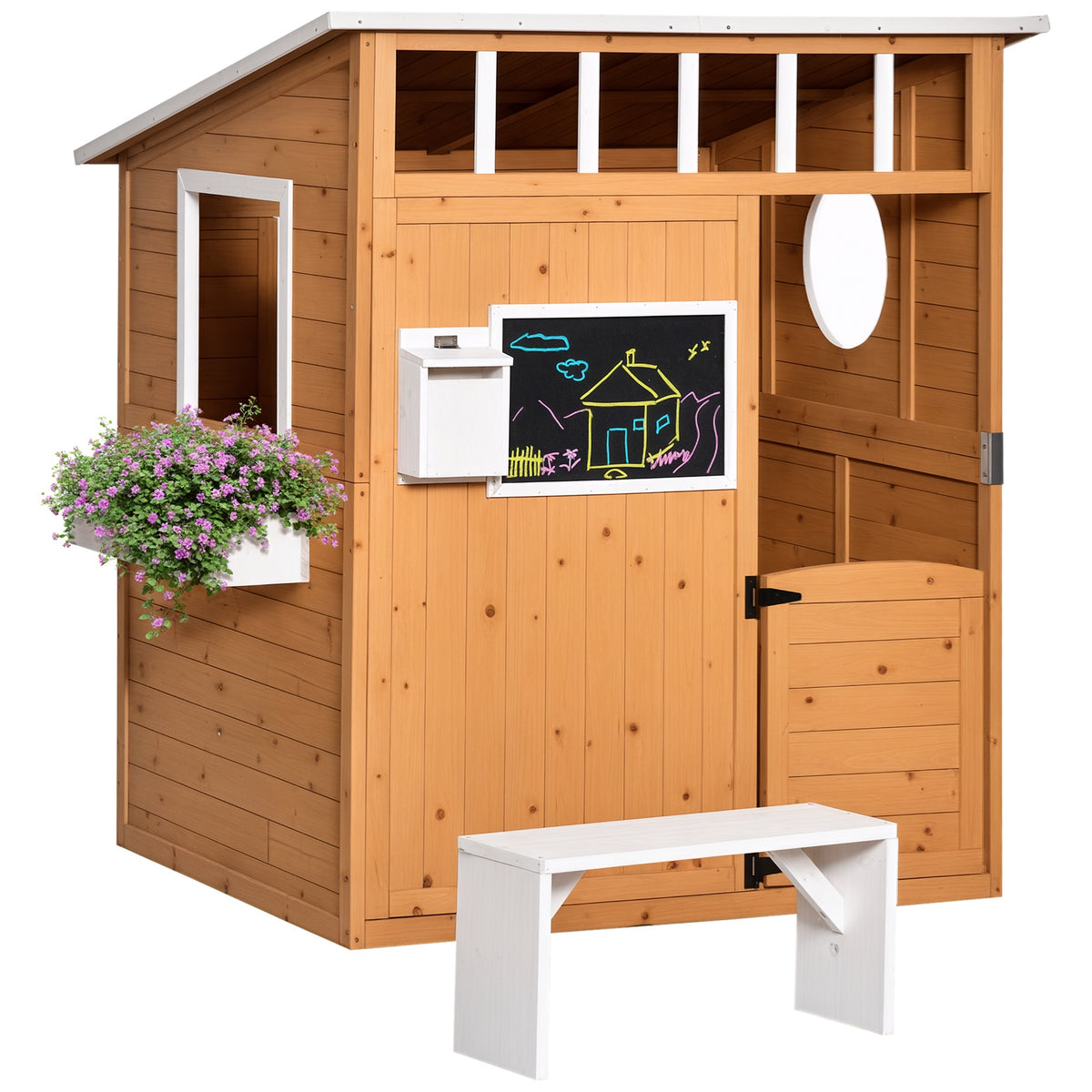 Casa Infantil de Madeira Casa de Brincar para Crianças acima de 3 Anos com Banco Caixa de Correio Lousa Janelas e Portas para Exterior 122x108x135,5cm Natural — foto 1