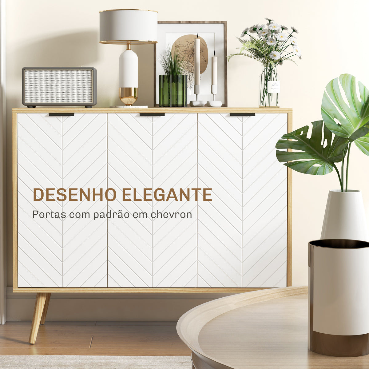 Aparador de Cozinha Moderno Móvel Buffet Auxiliar com Prateleiras Ajustáveis 2 Armários e Anti-Tombo Carga Máx. 50 kg para Sala de Estar 191,5x35x77,4 cm Branco e Madeira — foto 5