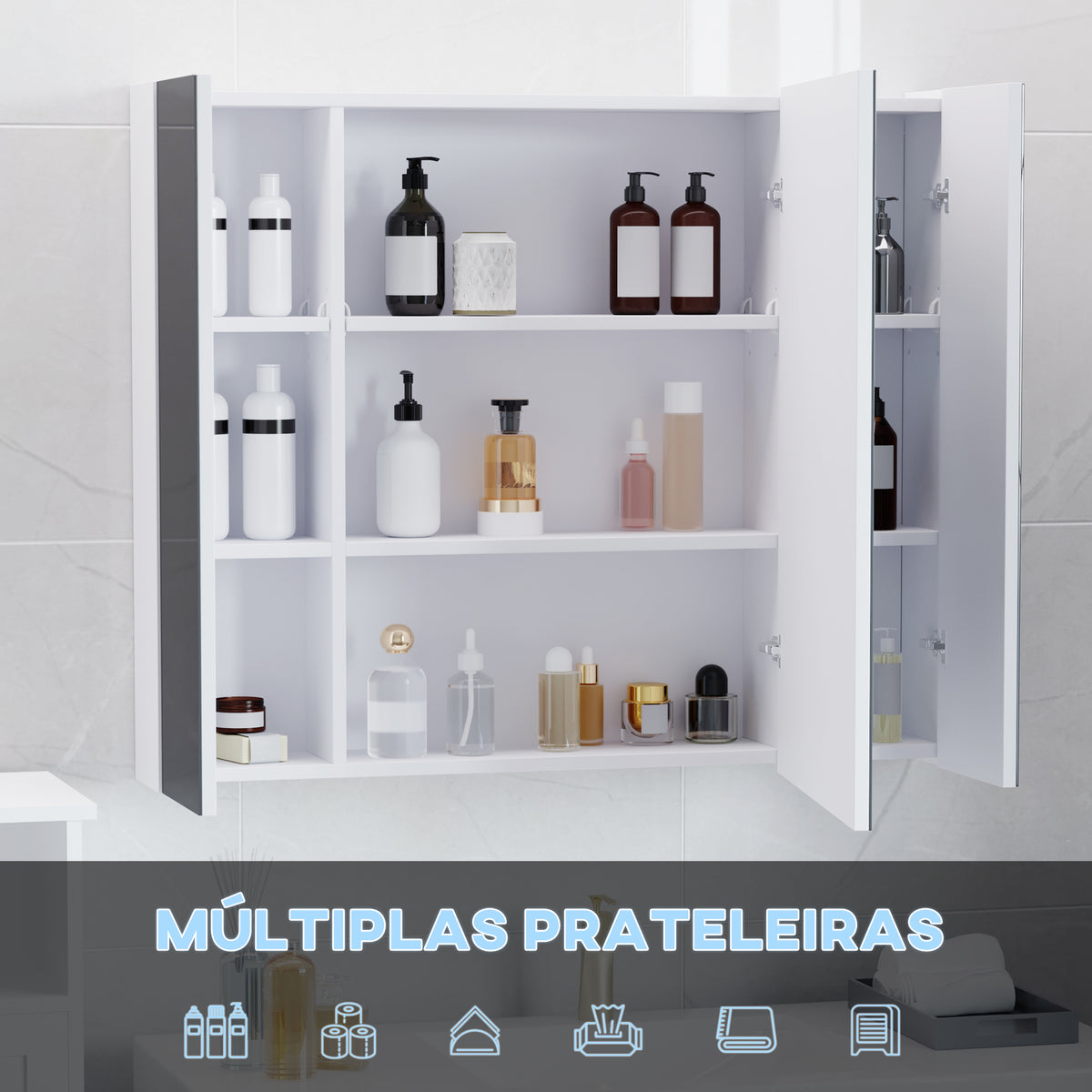 Armário Casa de Banho com Espelho e Luzes LED Armário com Espelho para Casa de Banho com Prateleiras Ajustáveis e USB Móvel para Casa de Banho Estilo Moderno 90x15x75 cm Branco — foto 5