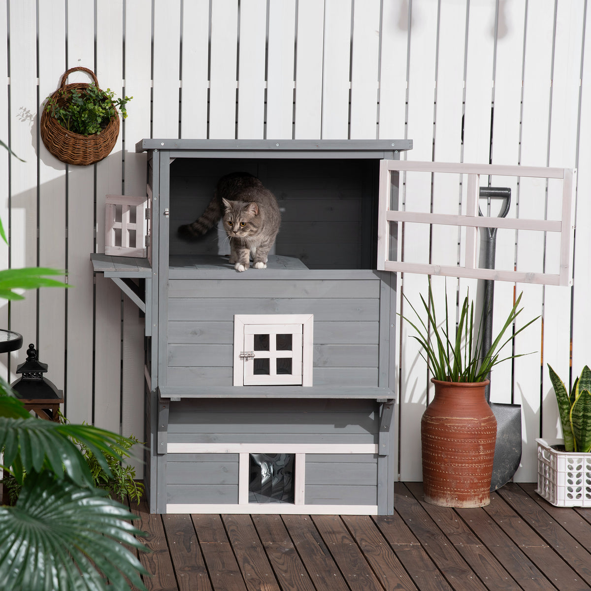 Casa para Gatos de Madeira Exterior Casa Grande para Gatos de 3 Andares com Múltiplas Entradas Janelas e 2 Plataformas para Terraço Balcão Jardim 98x68,5x122cm Cinza — foto 2