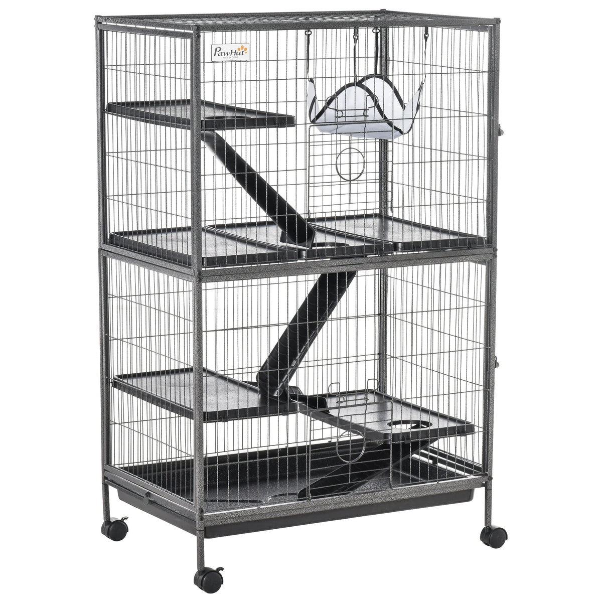 Grande Gaiola para Roedores 80x52x128 cm Casa de 4 Alturas com Rampas Suspensa Rede Bandeja Removível Rodas Portas Cinza Prateado — foto 1