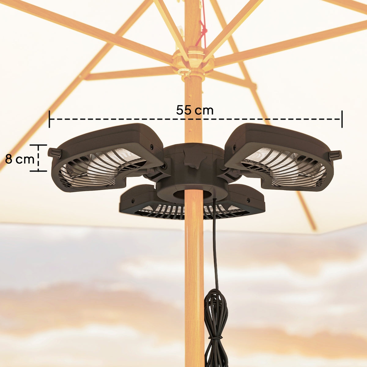 Aquecedor por Infravermelhos para Chapéu de Sol 2400W Aquecedor Exterior Elétrico de Alumínio com 3 Níveis de Aquecimento Proteção Anti-Tombo IP44 para Pátio e Jardim Ø55x8 cm Preto — foto 3