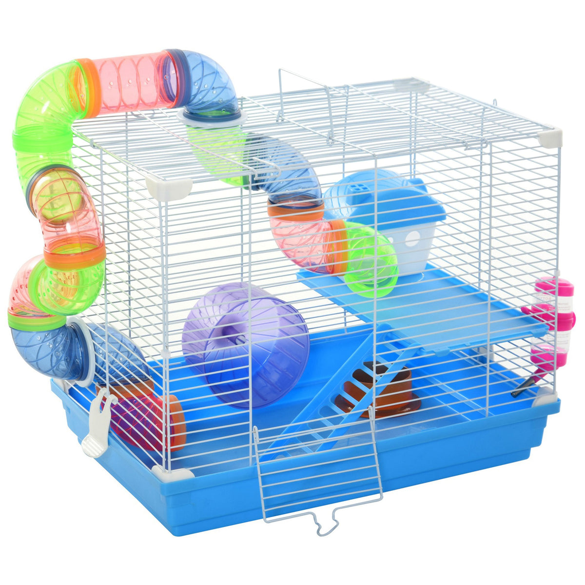 Gaiola para Hamster, Casa para Hamster com Túnel, Comedouro, Bebedouro, Casinha, Rampa, Roda de Exercício, Plataforma e Alça, Bandeja Removível, para Ratos e Gerbos, 46x30x37 cm, Azul — foto 1
