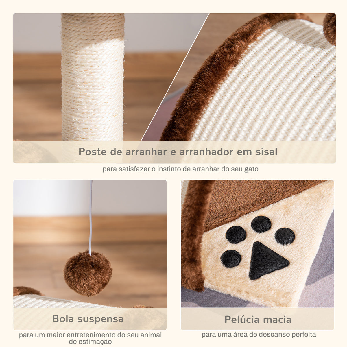 Árvore Arranhador para Gatos Pequena Altura 46 cm de 2 Níveis com Poste e Tapete de Arranhar Cama e Bola Suspensa 35,5x37x46 cm Marrom — foto 5