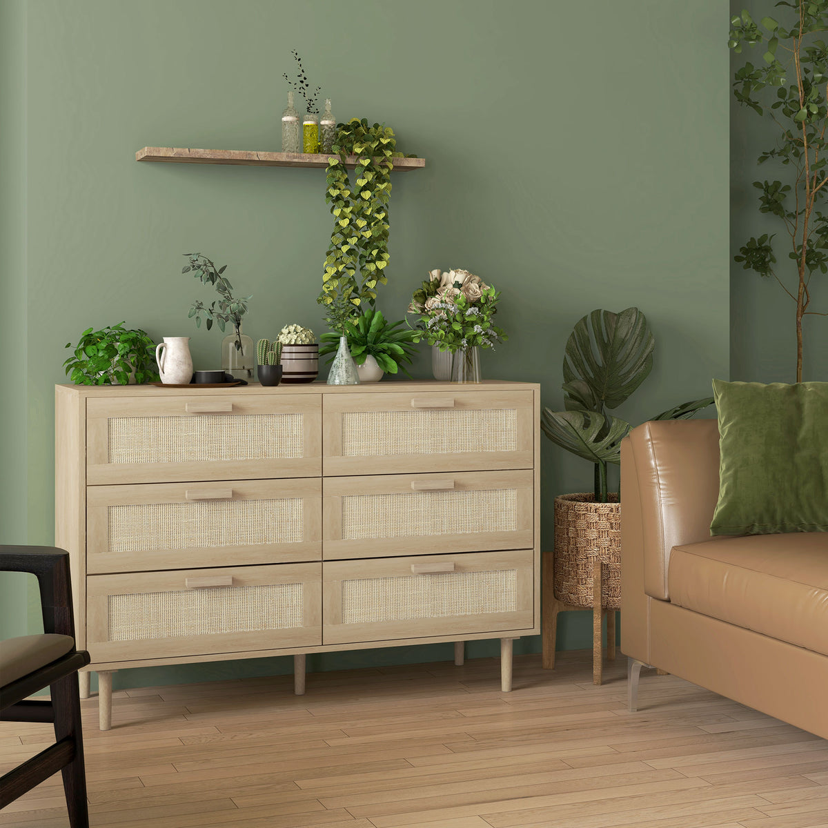 Cómoda com 6 Gavetas e Frontal de Vime Pés de Madeira Estilo Bohemio 110x40x75 cm Madeira — foto 2
