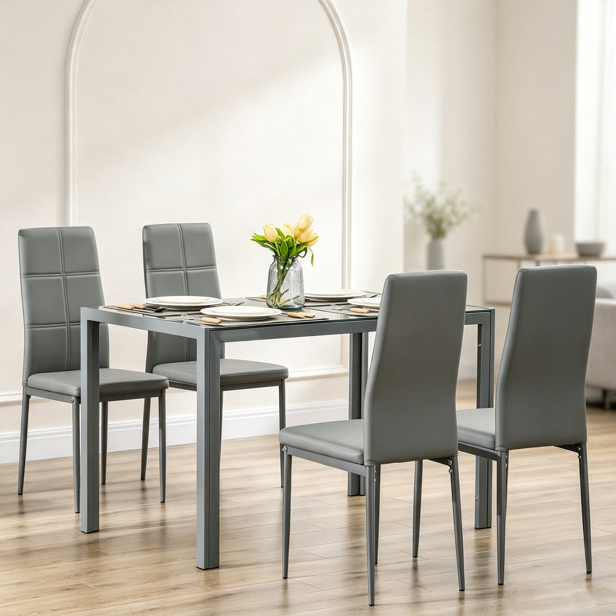 Conjunto de Sala de Jantar 5 Peças com Mesa Retangular de Vidro Temperado e 4 Cadeiras em PU Cinzento — imagem 11