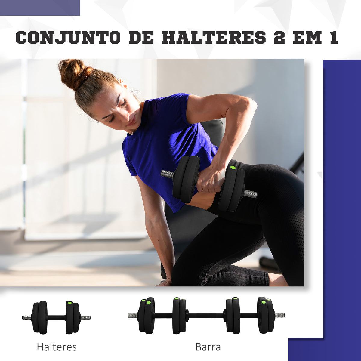 Kit de Halteres 15 kg 2 em 1 Jogo de Pesos com Barra de Pesos Pega Antiderrapante para Treino de Força em Casa Ginásio Escritório Preto e Verde — foto 4