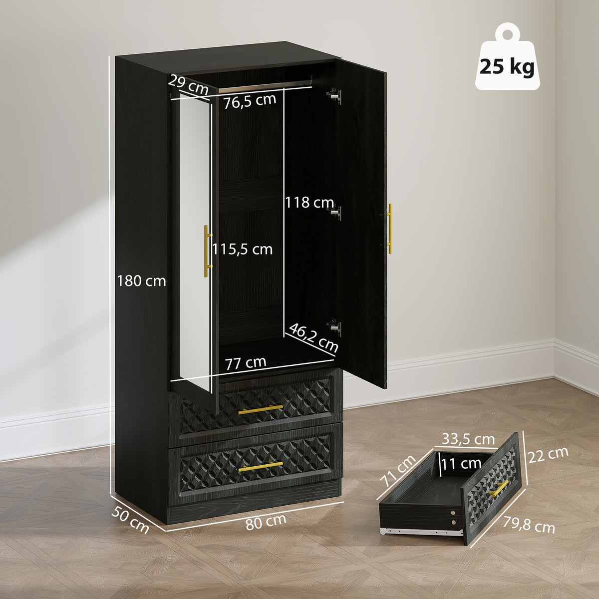 Roupeiro com Espelho 2 Portas e 2 Gavetas Roupeiro para Dormitório com Relevo de Diamante Barra para Pendurar Estilo Moderno 80x50x180 cm Preto — foto 3