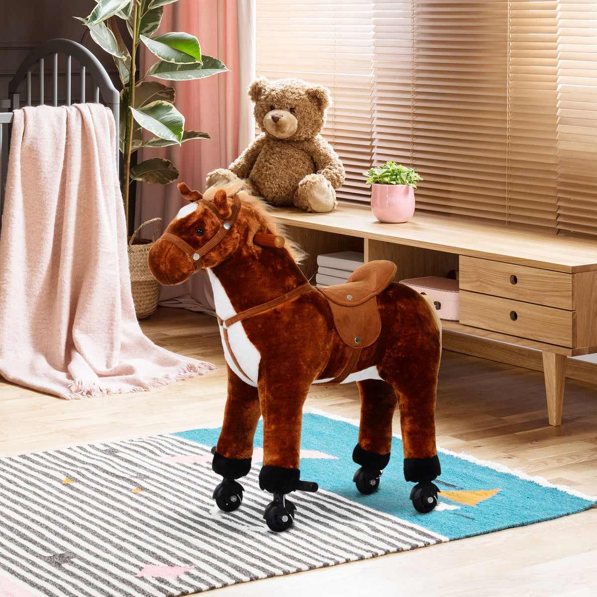 Cavalo de Brinquedo para Crianças de +3 Anos Cavalo de Brinquedo com Rodas Sons e Estrutura de Metal Carga 60kg 65x28x75 cm Castanho — foto 2