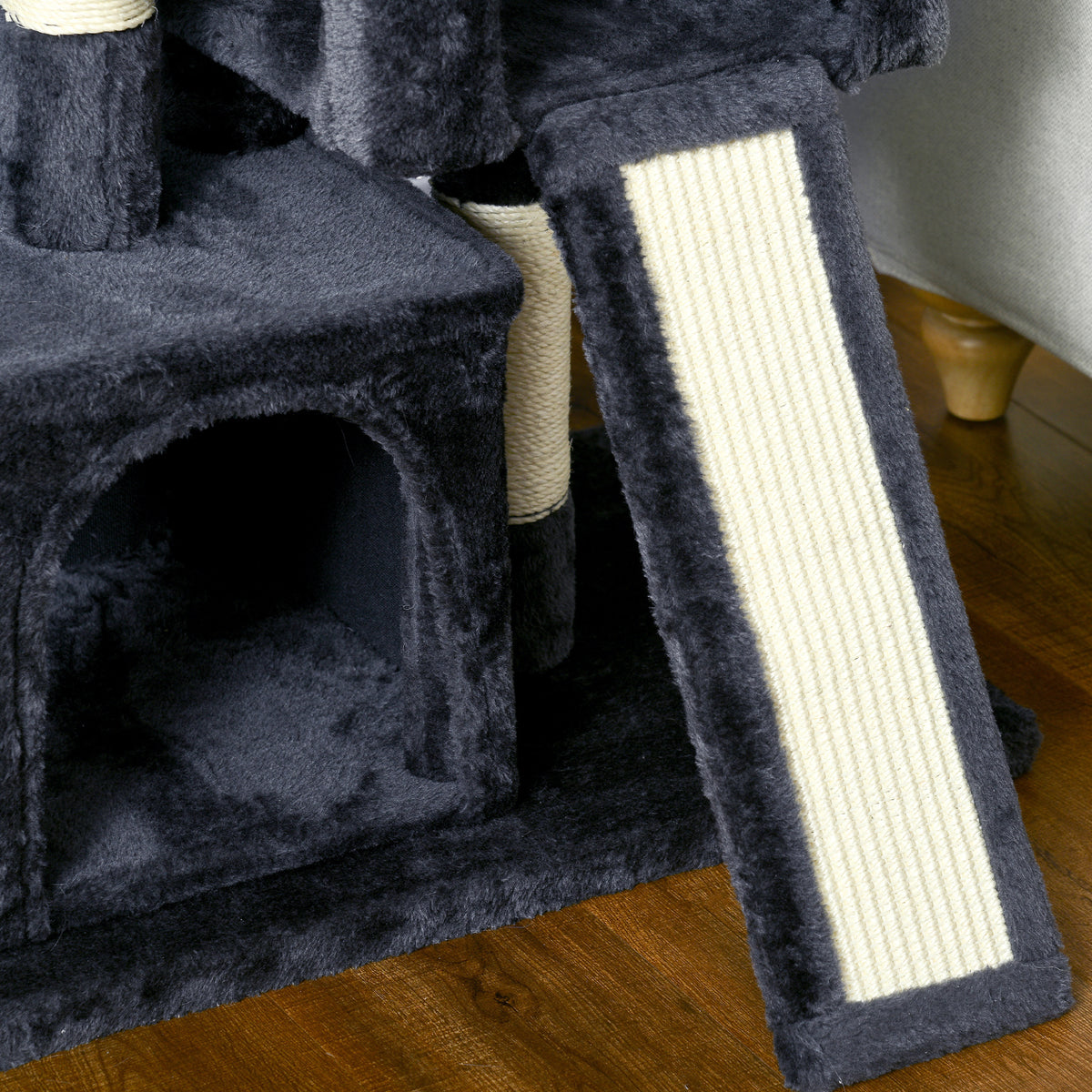 Arranhador para Gatos com Postes e Placa de Arranhar em Sisal Caverna Cama com Borda Elevada e Tato Suave 59x39x83 cm Cinza Escuro — foto 8
