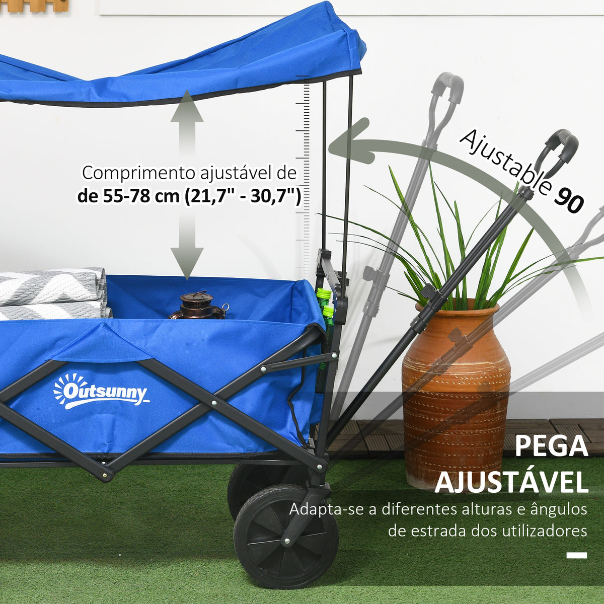Carrinho de Transporte com Toldo Removível Carrinho Dobrável com Alça Ajustável e Bolsa de Transporte Capacidade 100 kg para Campismo Praia 97x52x105 cm Azul — foto 5