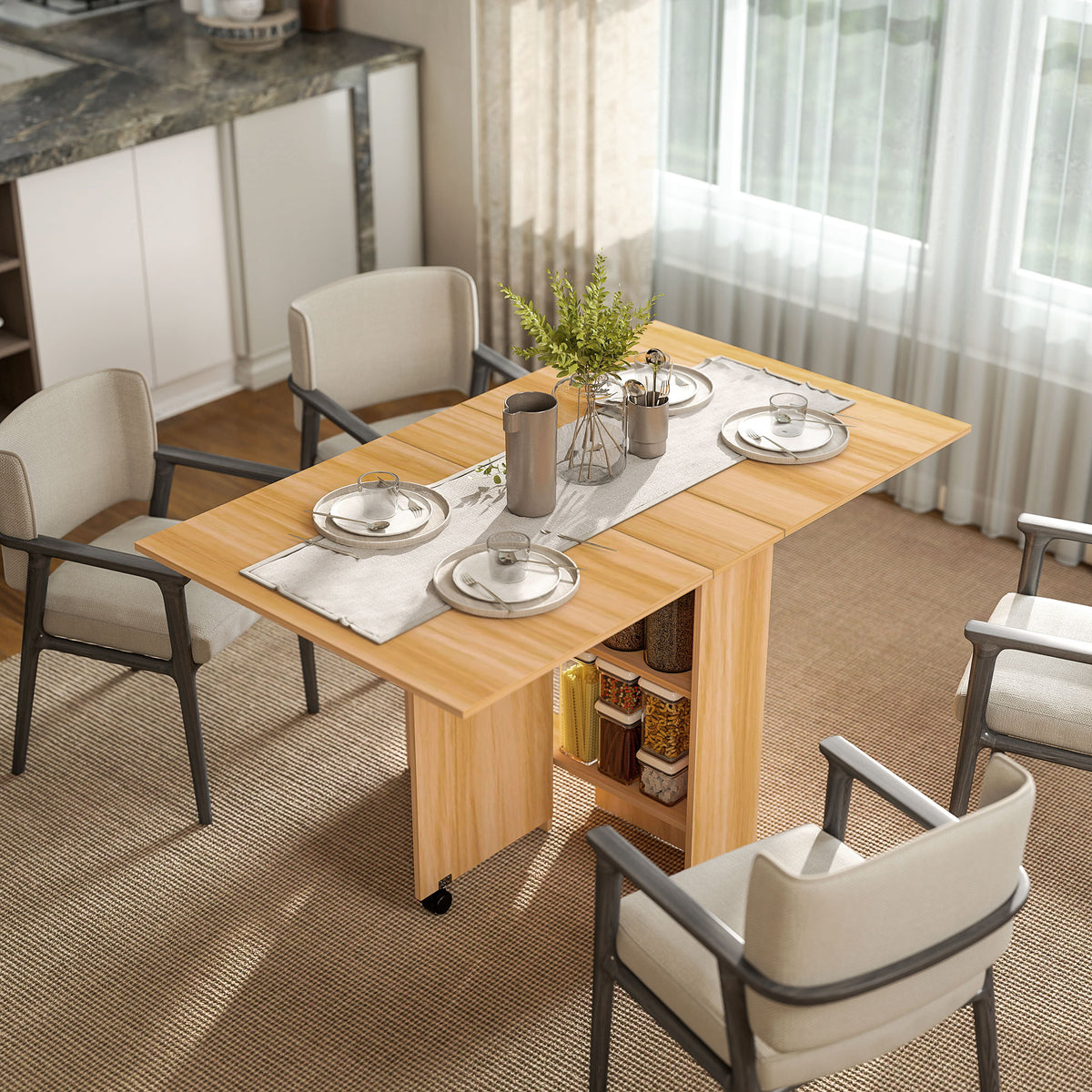 Mesa de Sala de Jantar Dobrável com Rodas Mesa Multifuncional para Sala de Jantar com 3 Formas 140x80x74cm Madeira — foto 2