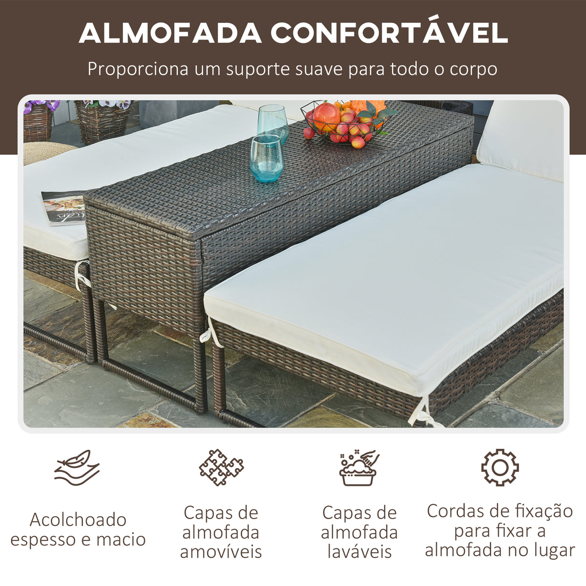 Conjunto de 2 espreguiçadeiras com almofadas acolchoadas de vime mesa lateral para piscina Carga 160kg 195x60x86 cm Estrutura em aço — foto 6