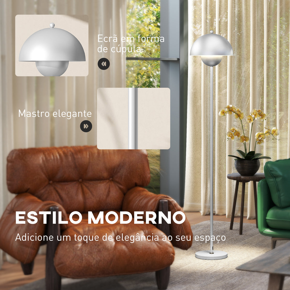 Candeeiro de Pé Moderno 155 cm Candeeiro de Pé para Sala com Ecrã em Forma de Taça Refletora de Luz Interruptor de Pé Suporte E27 sem Lâmpada para Quarto Escritório Sala de Estar Ø35x155 cm Prata — foto 4