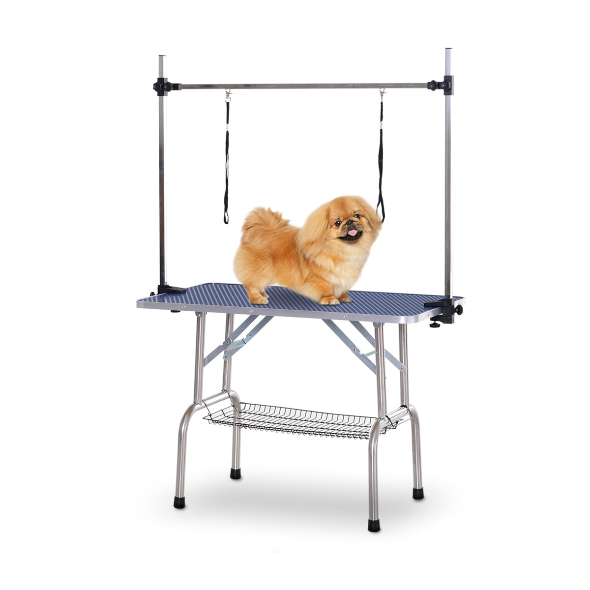 Mesa de Tosquia para Animais de Estimação Mesa de Tosquia para Cães Dobrável com Prateleira de Armazenamento Estrutura de Aço e Altura Ajustável 20-80 cm 107x60x170 cm Azul — foto 1