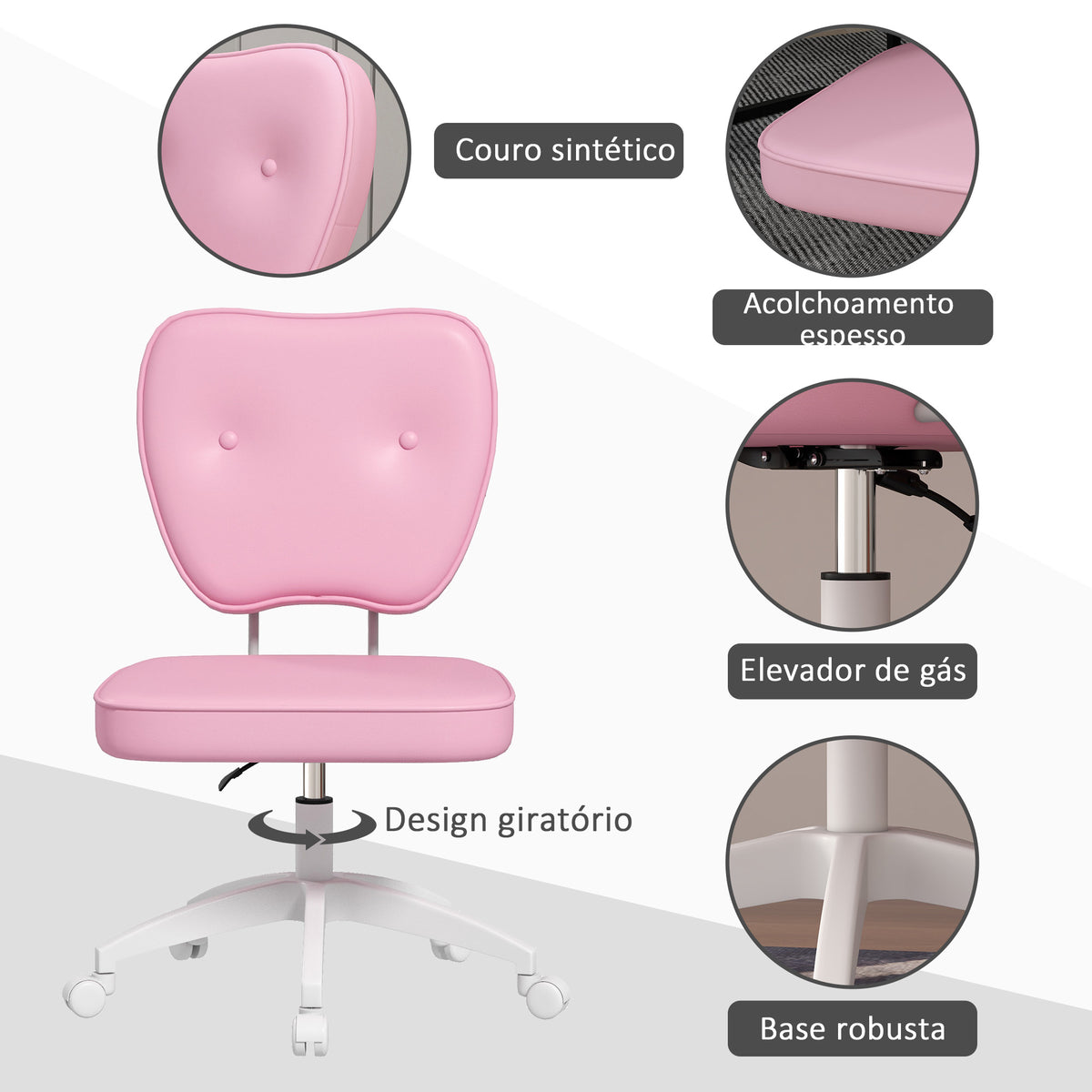 Cadeira de Escritório Estofada em PU Cadeira de Escritório Giratória com Altura Ajustável Sem Braços Carga 120 kg Cadeira de Estudo Dormitório 46x59x82-92 cm Rosa — foto 5