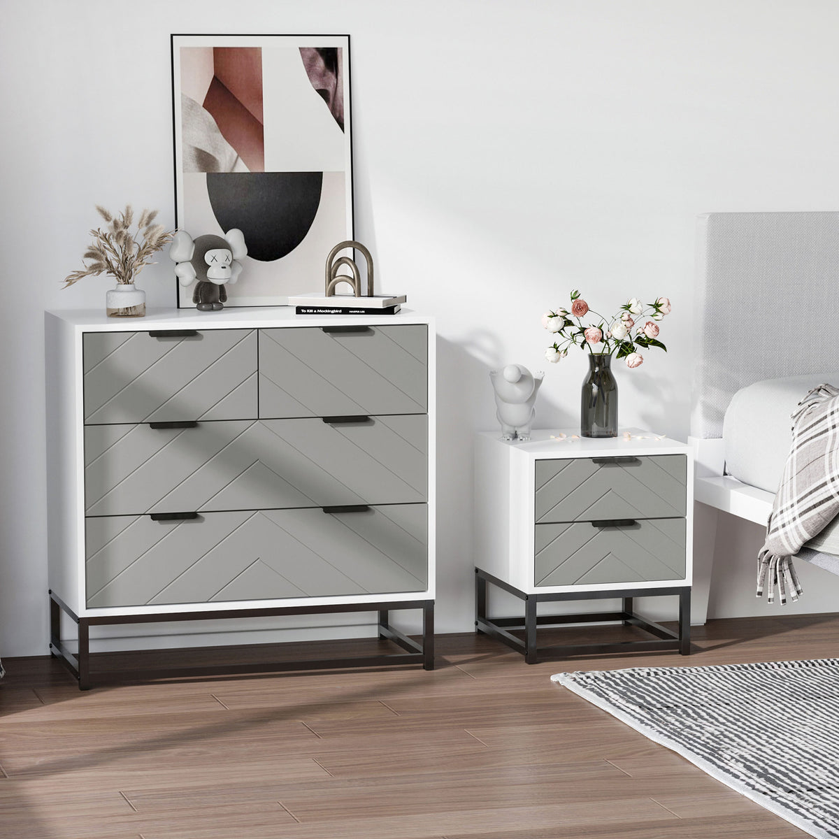 Mesa de cabeceira Mesa lateral com 2 gavetas e base elevada de metal Estilo moderno e minimalista 39,5x40x48 cm Branco e cinza — foto 2