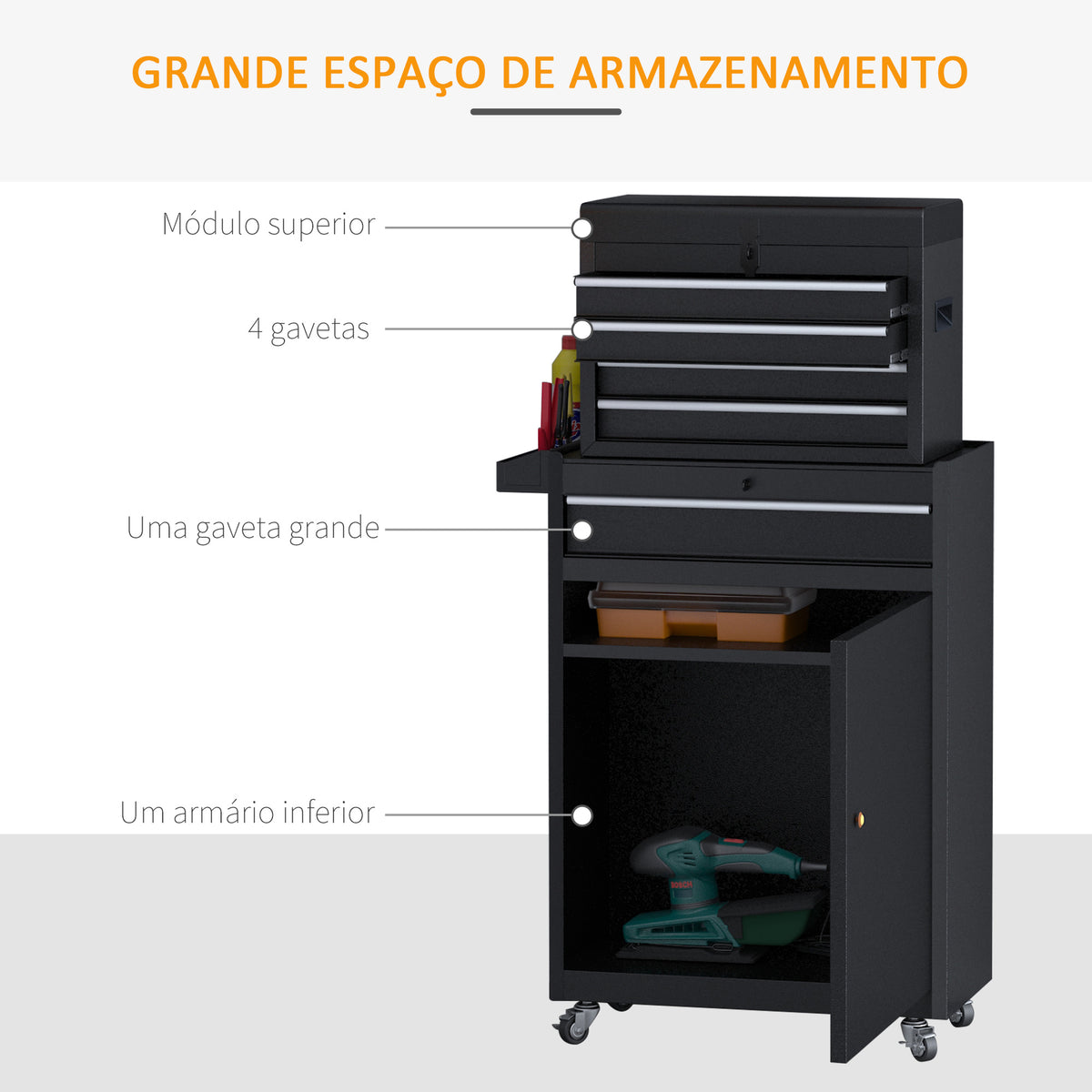Carro de Ferramentas com Rodas Carro de Ferramentas Móvel com 5 Gavetas Armário de Armazenamento e Almofada Antiderrapante Carga 52kg para Garagem 60x28x104,5cm Preto — foto 5