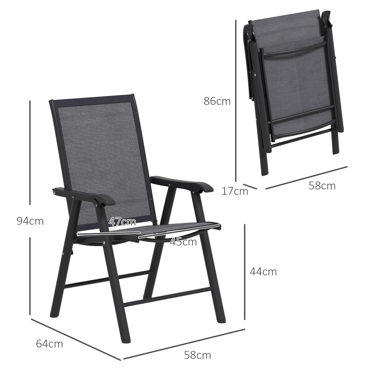 Conjunto de 2 Cadeiras Dobráveis para Exterior com Apoio para o Braço Cadeiras para Jardim com Textilene e Metal Carga 110 kg 58x64x94 cm Cinza Escuro — foto 3