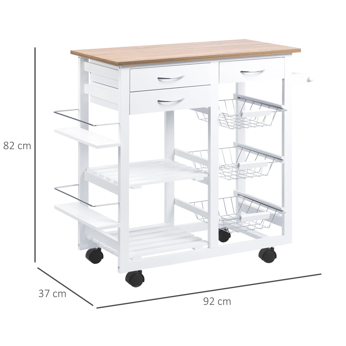 Carrinho de cozinha Carrinho de serviço multifuncional com gavetas Cestas Prateleiras de especiarias Toalheiro Rodas 92x37x82 cm Branco — foto 3
