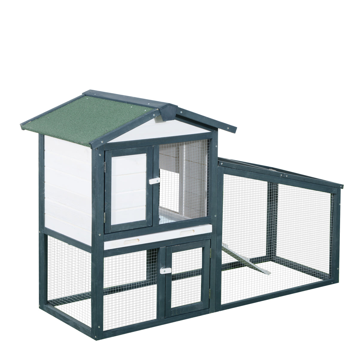 Gaiola de madeira para coelhos ao ar livre 2 níveis com bandeja removível e várias entradas telhado asfáltico Galinhas cobaias 140x65x100 cm Verde — foto 1