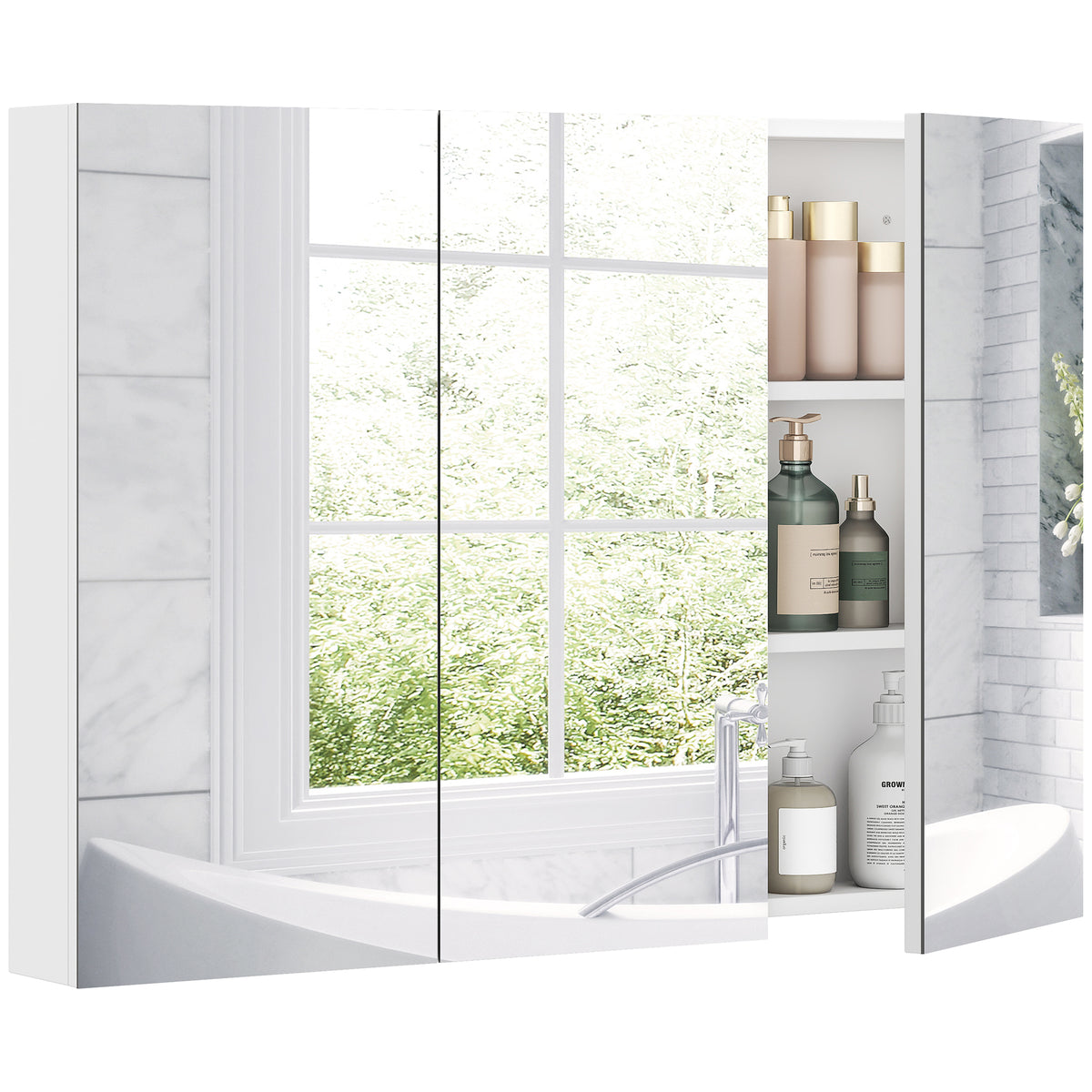 Armário de Casa de Banho com Espelho Armário de Parede Casa de Banho Suspenso com 3 Portas Prateleiras Ajustáveis 91,5x11,5x65 cm Branco — foto 1