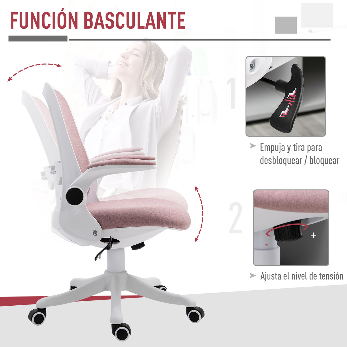 Cadeira de Escritório Giratória Função de Inclinação Altura Ajustável Ergonômica com Apoio de Braço Elevavel Carga 120 kg 62,5x60x94-104cm Rosa — foto 4