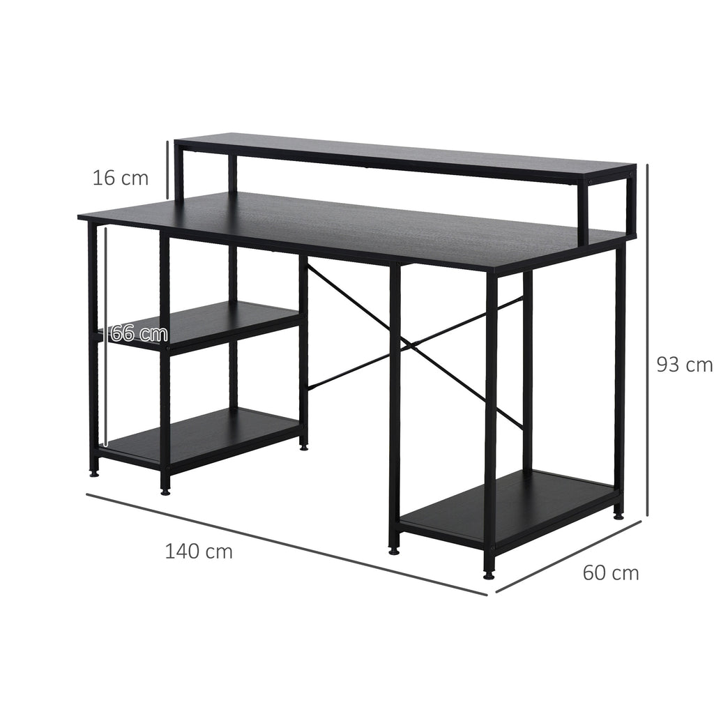 Secretária para escritorio com 3 prateleiras Pernas com Almofadas Ajustáveis Anti-derrapante Estrutura de metal 140x60x93 cm Preto — foto 3