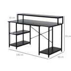 Secretária para escritorio com 3 prateleiras Pernas com Almofadas Ajustáveis Anti-derrapante Estrutura de metal 140x60x93 cm Preto — foto 3