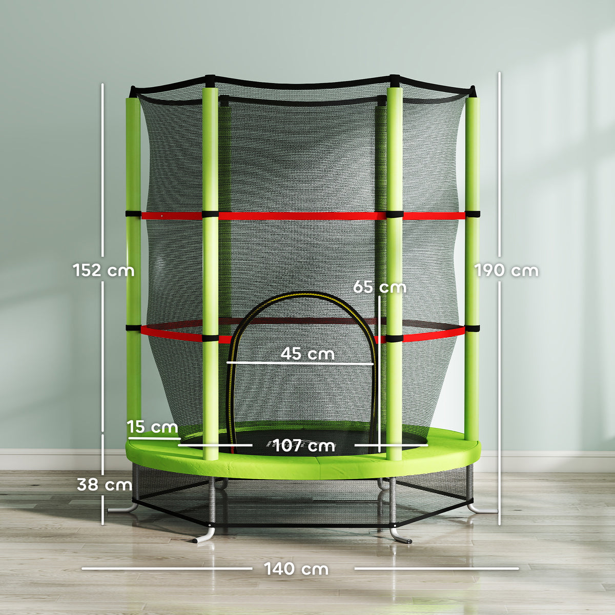 Trampolim Infantil Ø140x190 cm Trampolim para Crianças de 3-6 Anos com Rede de Segurança Carga 45 kg para Interior Verde — foto 3