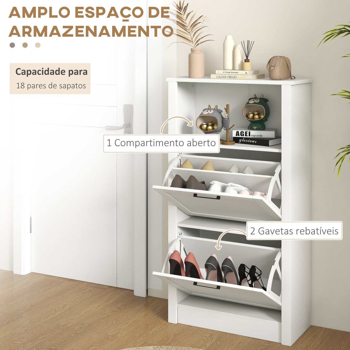 Sapateira Estreita com 2 Portas Sapateira para Entrada com Prateleiras Ajustáveis e Compartimento Aberto para 10 Pares de Sapatos 58x24x105 cm Branco — foto 4