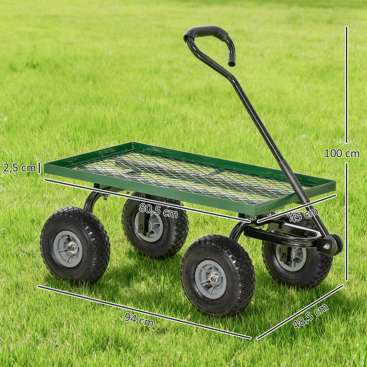 Carro de Transporte com Pega Revestida e 4 Rodas Grandes de Ø24 cm Carrinho de Jardim em Aço Capacidade 150 kg 94x48,5x100 cm Preto e Verde — foto 3