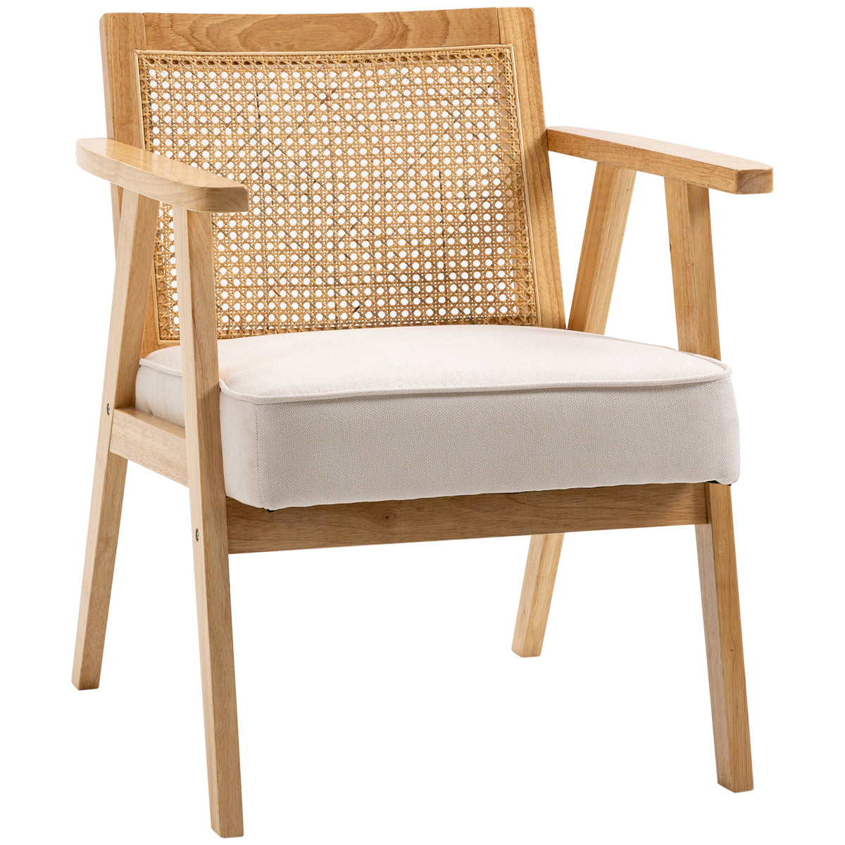 Cadeira de Sala de Estar Cadeira com Apoio para os Braços Encosto em Vime e Estrutura de Madeira de Borracha Cadeira para Dormitório Sala de Estar Carga 120 kg 63x69x78 cm Madeira e Bege — foto 1