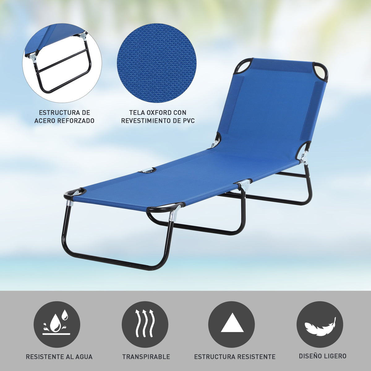 Espreguiçadeira Dobrável Reclinável com Ângulo Ajustável de 3 Posições para Exterior Carga 120 kg 188x56x28 cm Azul — foto 5