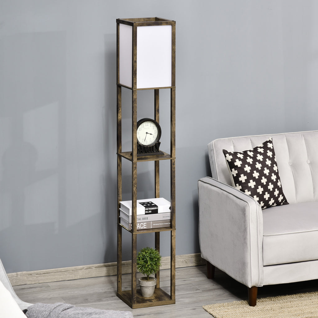 Candeeiro de Pé de Madeira com 3 Prateleiras De Armazenamento para Lâmpada E27 Potência Máx. 40W Candeeiro Moderno para Sala de Estar Dormitório 26x26x160 cm Marrom Rústico — foto 2