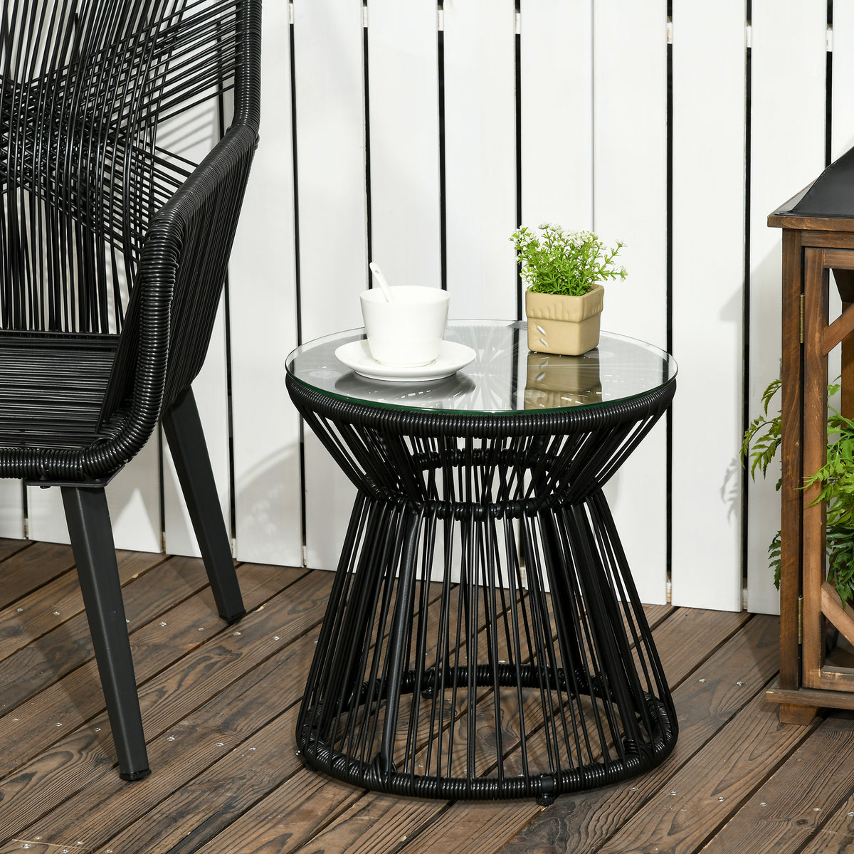 Mesa Auxiliar de Vime Sintético Mesa de Centro Redonda com Bancada de Vidro Temperado e Estrutura de Metal Carga Máxima 30 kg para Pátio Jardim Varanda Ø40x42 cm Preto — foto 2