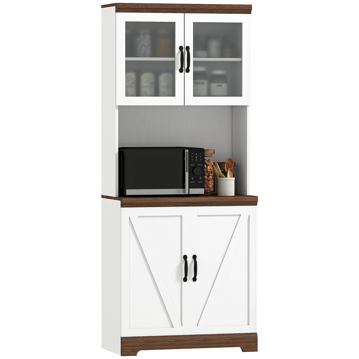Armário de Cozinha Móvel Auxiliar de Cozinha com 2 Portas de Vidro Prateleiras Ajustáveis Bancada e Armário para Sala de Jantar Sistema Anti-Tombo 72x40x178 cm Branco e Madeira — foto 1