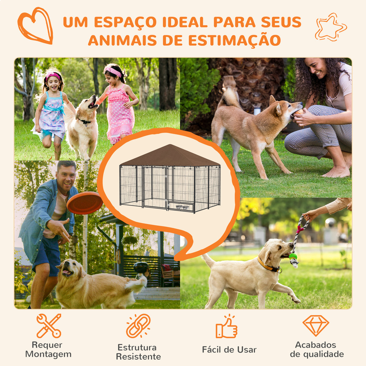 Parque para Cães com Toldo Canil para Exterior com Suporte Giratório para Comida 2 Tigelas Incluídas 211x141x151 cm Preto e Marrom — foto 4
