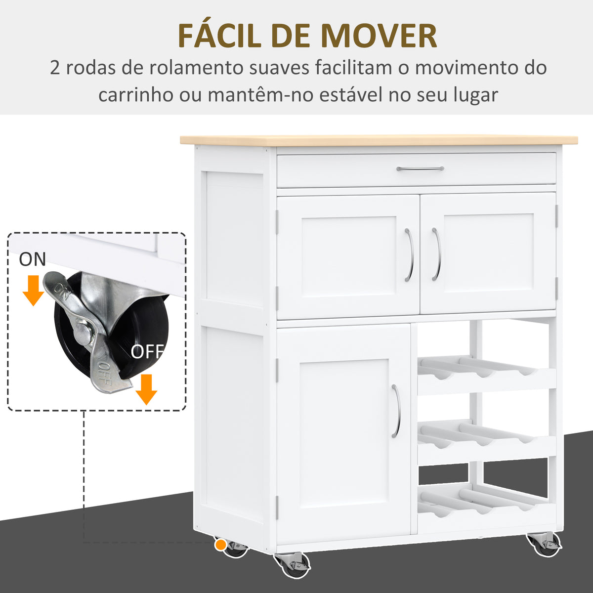 Carrinho de Cozinha com Rodas Carrinho de Cozinha com Gaveta 2 Armários de Armazenamento e 3 Prateleiras Abertas para 9 Garrafas para Sala de Jantar 67x37x87cm Branco — foto 5