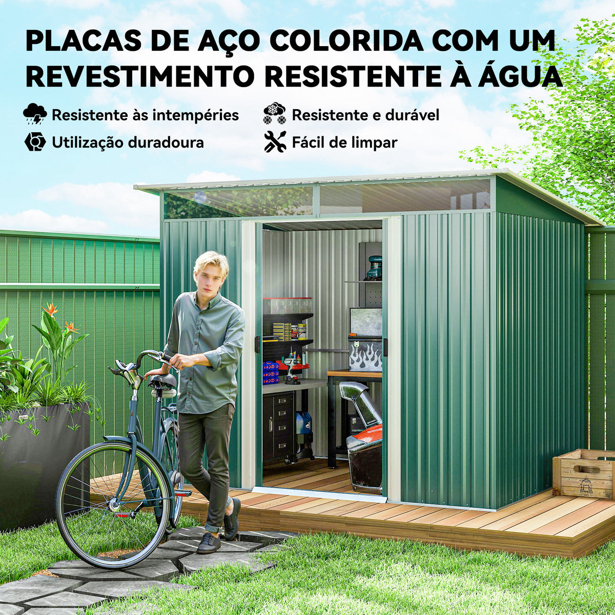 Abrigo de Jardim 4,5 m² 260x194x200 cm Abrigo Exterior Metálico com Painéis Frontais Transparentes e 2 Portas Deslizantes para Armazenamento de Ferramentas Verde — foto 4