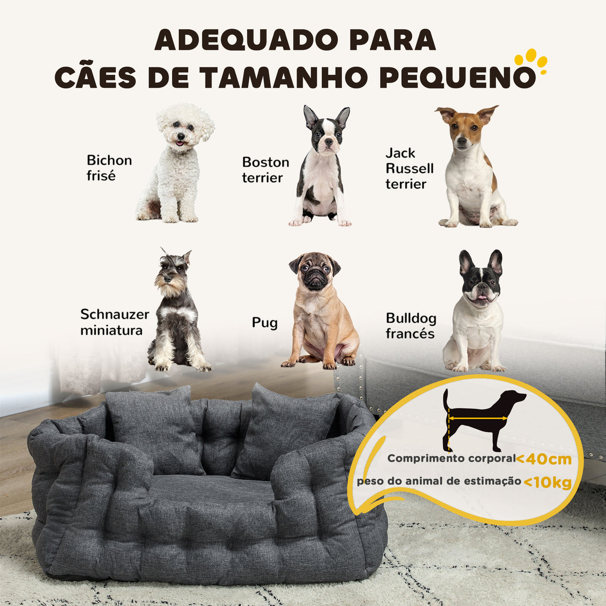 Cama para Cães Pequenos Cama para Animais de Estimação com 2 Almofadas Cama para Cães com Base Antiderrapante Capa Amovível e Lavável 70x50x30 cm Cinza — foto 4