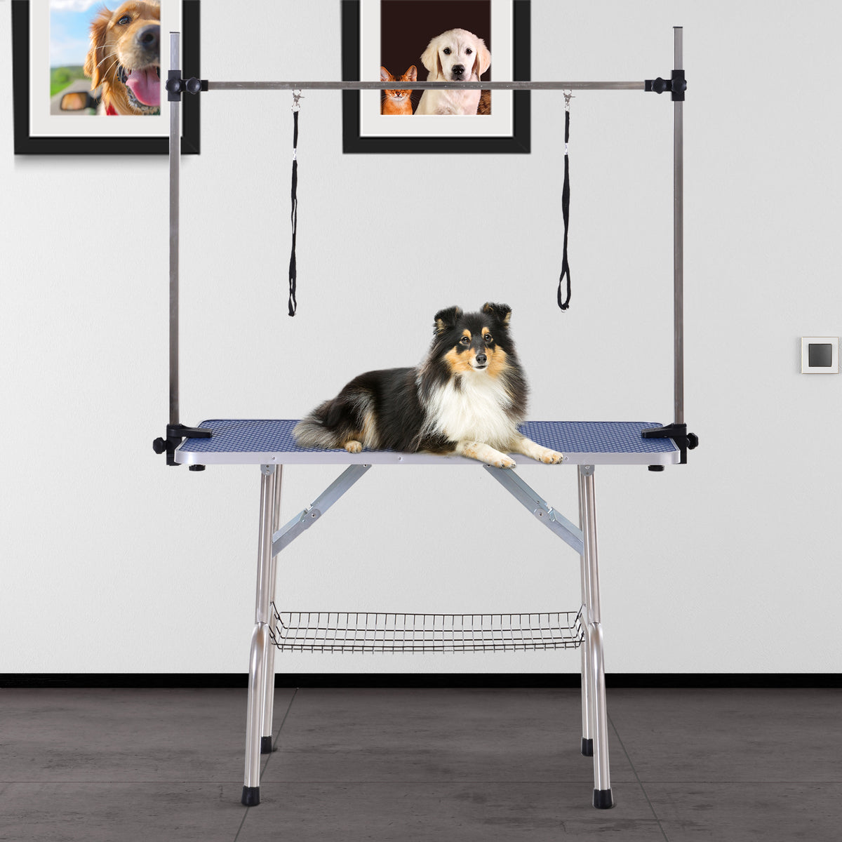 Mesa de Tosquia para Animais de Estimação Mesa de Tosquia para Cães Dobrável com Prateleira de Armazenamento Estrutura de Aço e Altura Ajustável 20-80 cm 107x60x170 cm Azul — foto 2