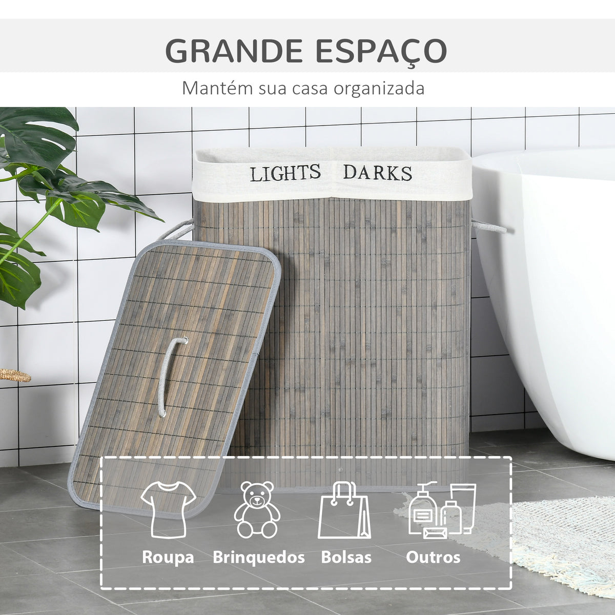 Cesto para Roupa Suja de Bambú Capacidade de 100L Cesta para Roupa Suja Retangular com Tampa Removível Bolsa com 2 Compartimentos 52x32x63 cm Cinza — foto 4