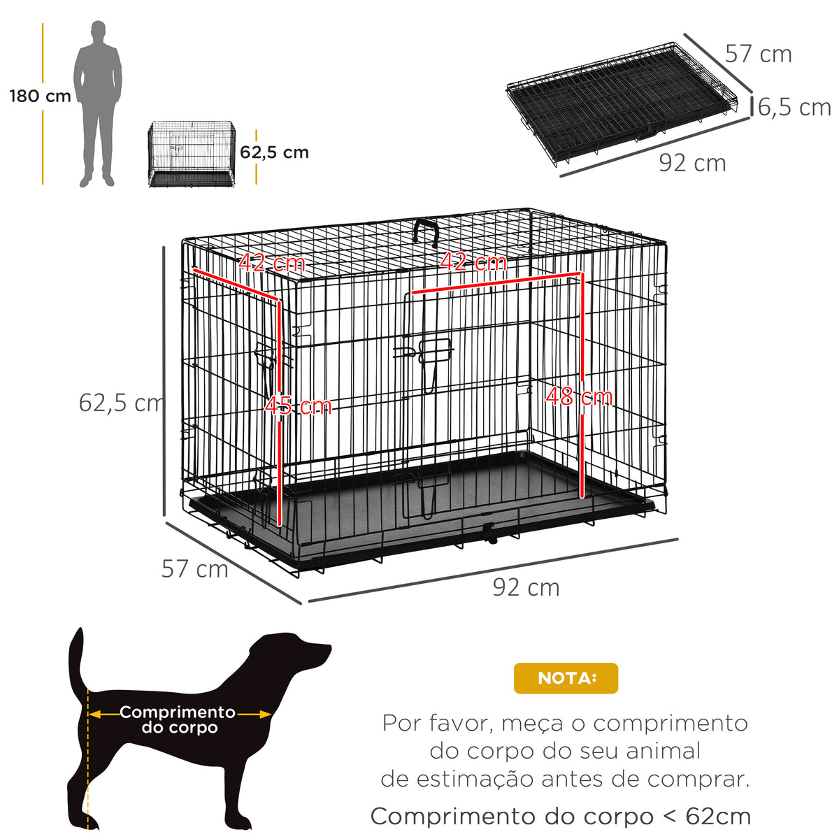 Jaula Dobrável para Cães de Médio e Grande Porte com 2 Portas, Tabuleiro Removível, Pega e Estrutura de Aço 90x57,5x62 cm Preta — foto 3