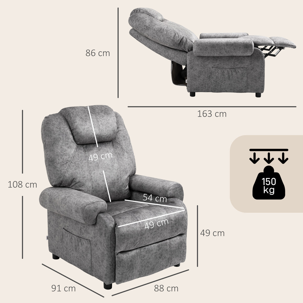 Poltrona Relax Reclinável Poltrona para Sala de Estar com Apoio para os Pés Retrátil Encosto Alto Bolso Lateral Acolchoado Grosso 88x91x108 cm Cinzento — foto 3
