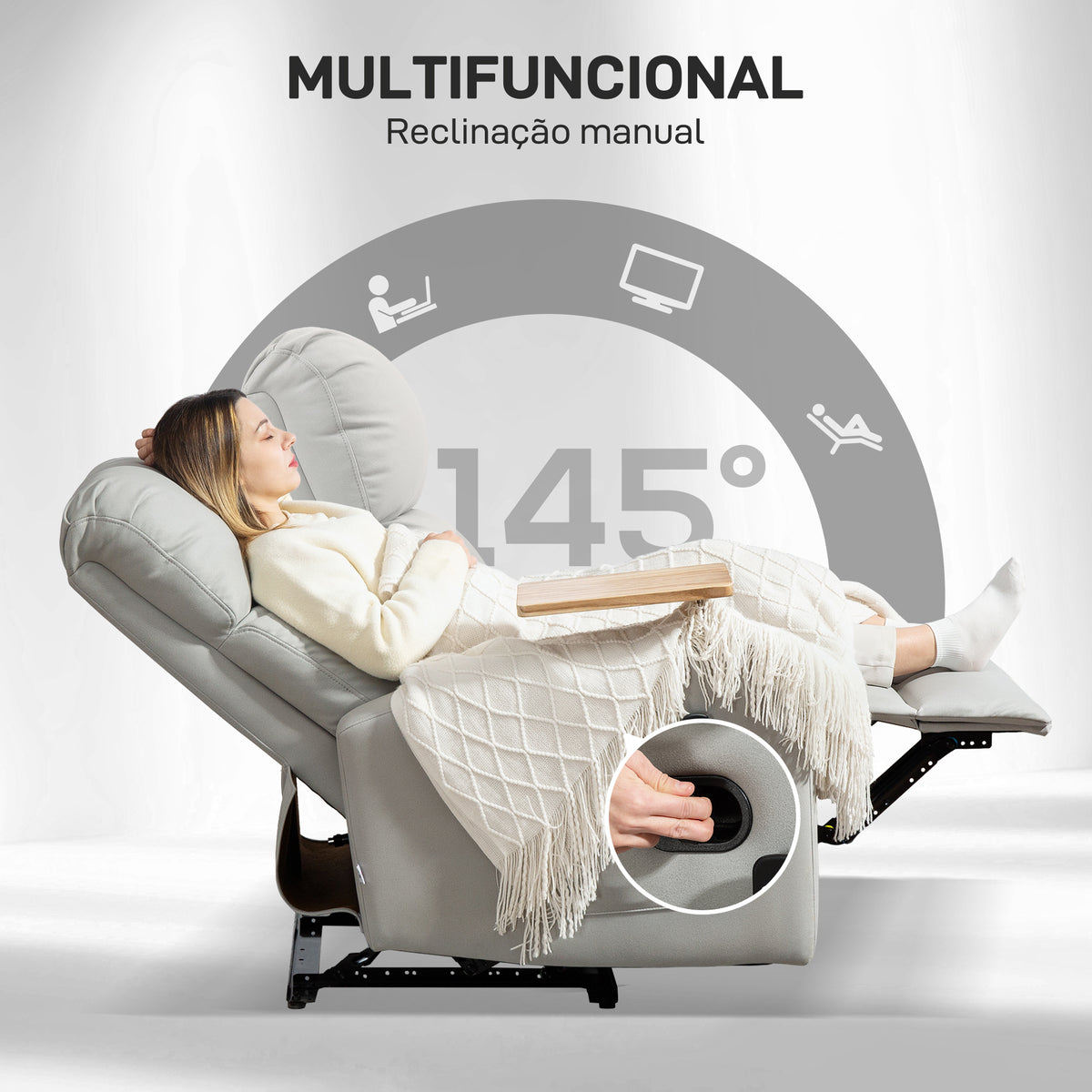 Poltrona de Massagem Poltrona Relax Elétrica com 4 Modos de Vibração Reclinação 145° Estofada em Microfibra Controlo Remoto Mesa 2 Bolsos Laterais e Suporte para Copos 77x93x105 cm Cinza — foto 5