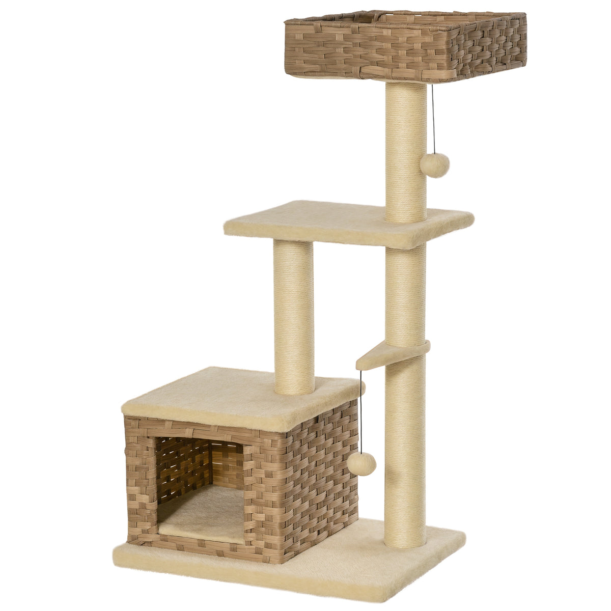 Árvore arranhador para gatos com plataformas, caverna, camas, bolas de jogo e postes de sisal 60x40x109 cm bege e marrom — foto 1
