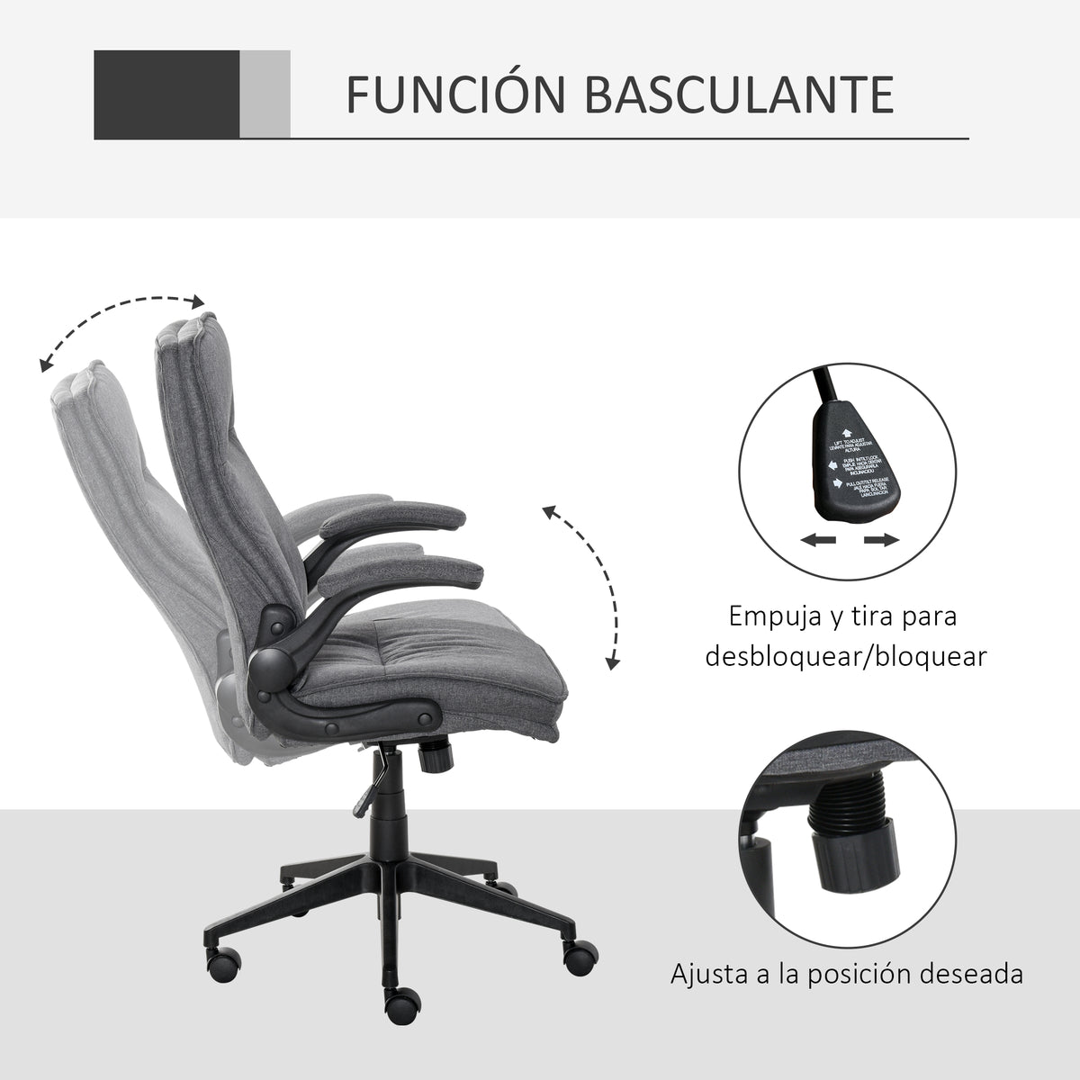 Cadeira de escritório ergonômica 360 ° giratória com função de inclinação Apoios de braço acolchoados e ajustáveis ​​em altura para casa e escritório 67x70x108-118 cm Cinza — foto 5